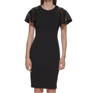 Calvin Klein | Elegant Black Dress with Sequin Sleeves